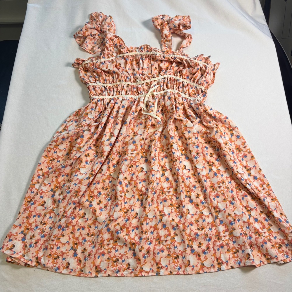 Ever After Floral Smocked Mini Dress Size M Peach Ruffle Boho girly MSRP $58